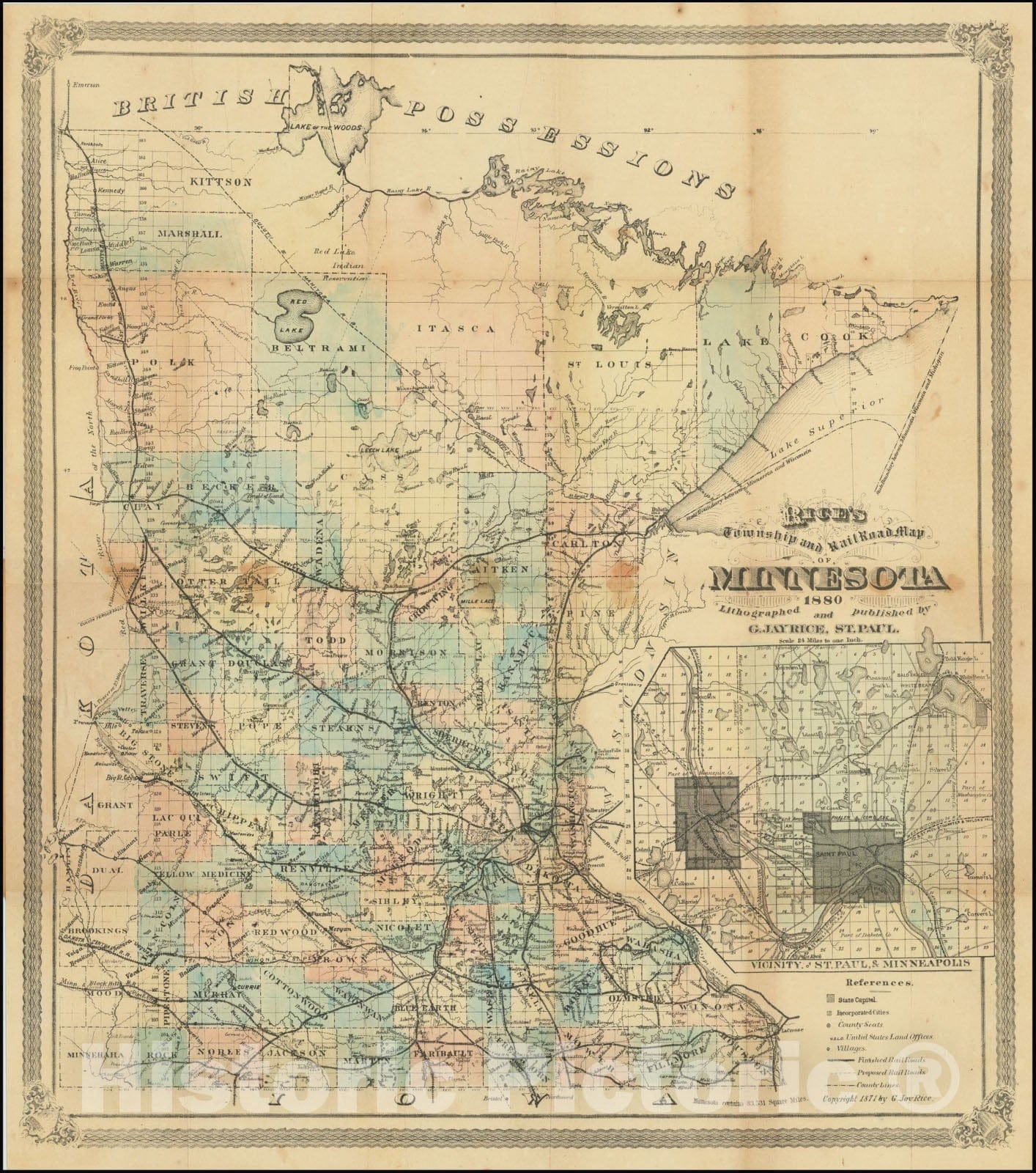 Historic Map : Rice's Township and Rail Road Minnesota 1880Lithographed and published by G. Jay Rice, St. Paul., 1880, Vintage Wall Art