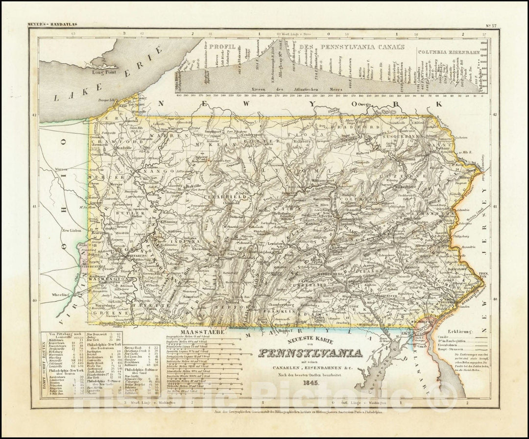 Historic Map : Neueste Karte von Pennsylvania mit seinen Canaelen, Strassen & Entfernungen der Hauptpunkte. Nach den bessten Quellen verbessert. 1845, 1845 v2, Vintage Wall Art