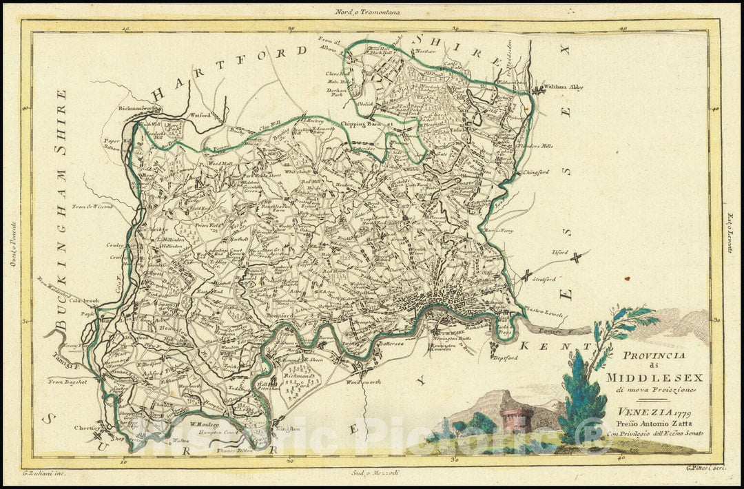 Historic Map : Provincie di Middlesex di nuova Projezione . . 1779, 1779, Vintage Wall Art