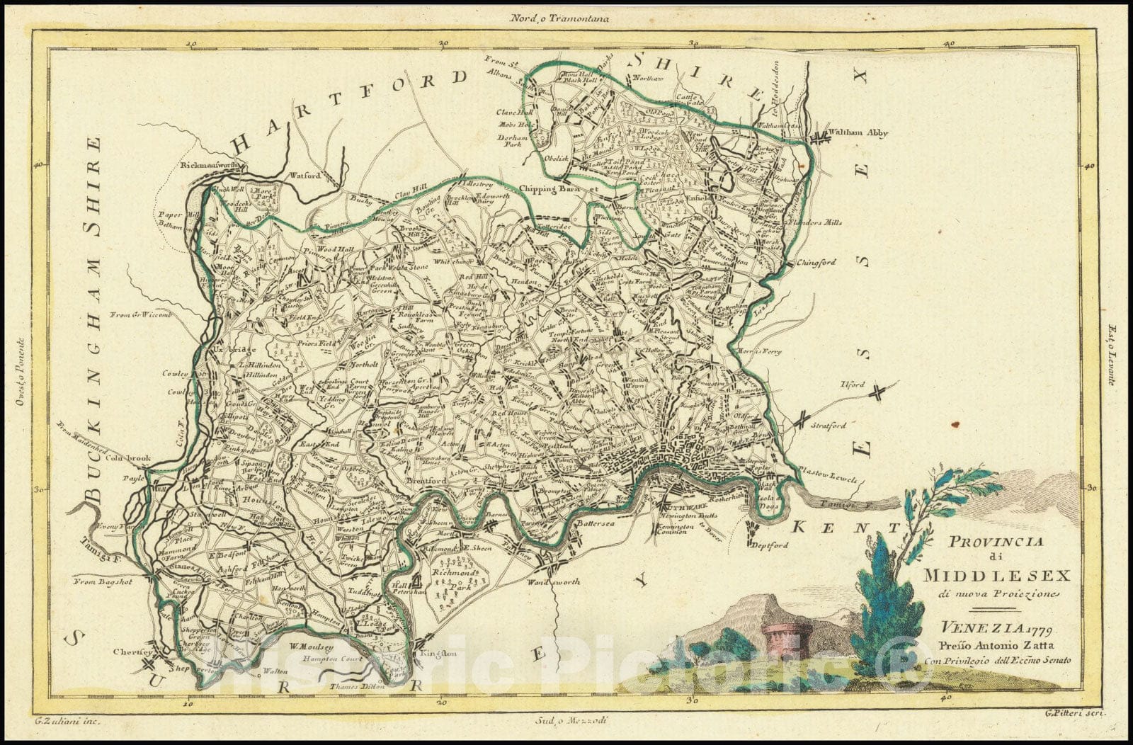 Historic Map : Provincie di Middlesex di nuova Projezione . . 1779, 1779, Vintage Wall Art