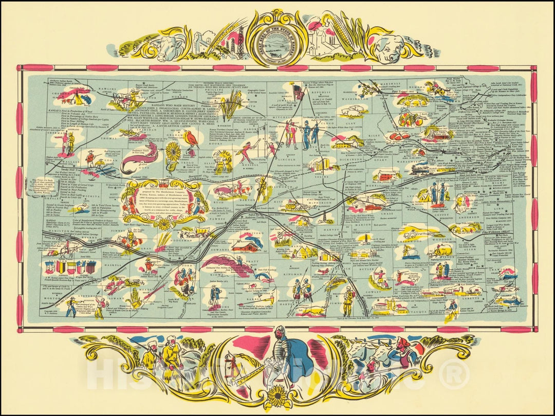 Historic Map : Historical Map of Kansas,, 1936, Vintage Wall Art