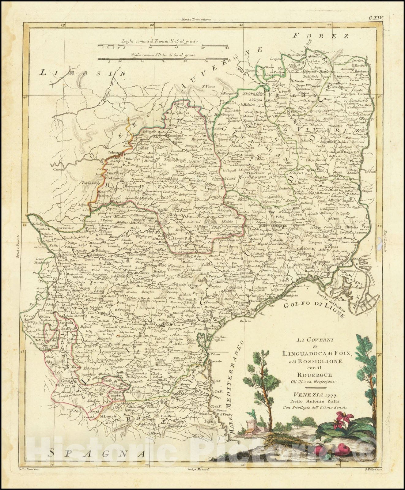 Historic Map : Li Governi di Linguadoca, di Foix, e di Rossignlione con il Rouergue Di Nuova Projezione, 1777, 1777, Vintage Wall Art