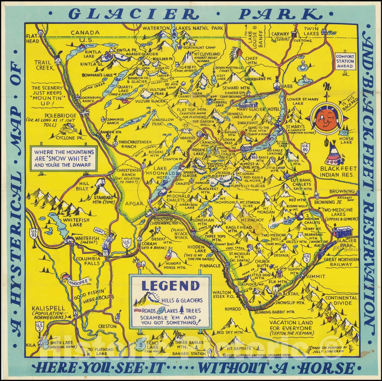 Historic Map : A Hysterical Glacier Park and Blackfeet Reservation, 1938, Vintage Wall Art