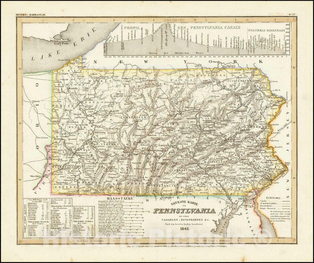 Historic Map : Neueste Karte von Pennsylvania mit seinen Canaelen, Strassen & Entfernungen der Hauptpunkte. Nach den bessten Quellen verbessert. 1845, 1845 v1, Vintage Wall Art