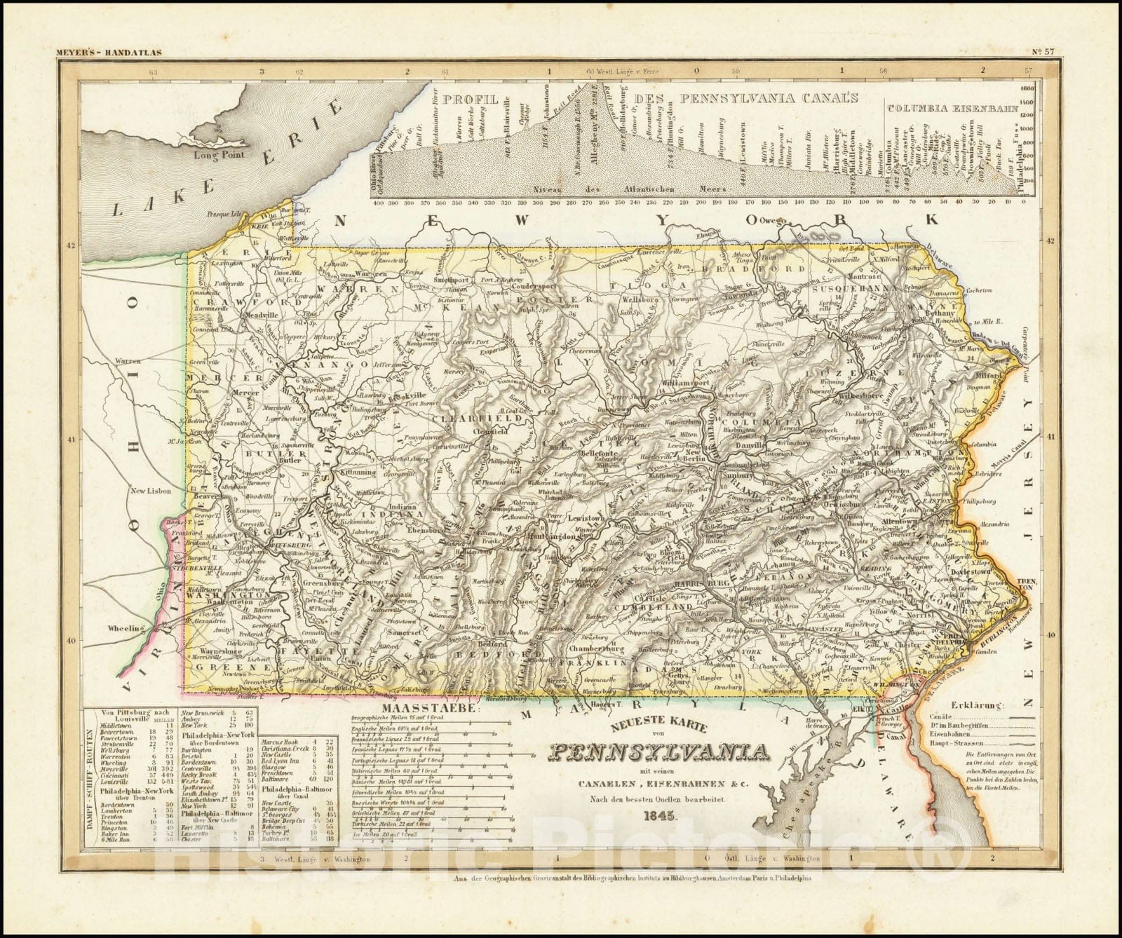 Historic Map : Neueste Karte von Pennsylvania mit seinen Canaelen, Strassen & Entfernungen der Hauptpunkte. Nach den bessten Quellen verbessert. 1845, 1845 v1, Vintage Wall Art