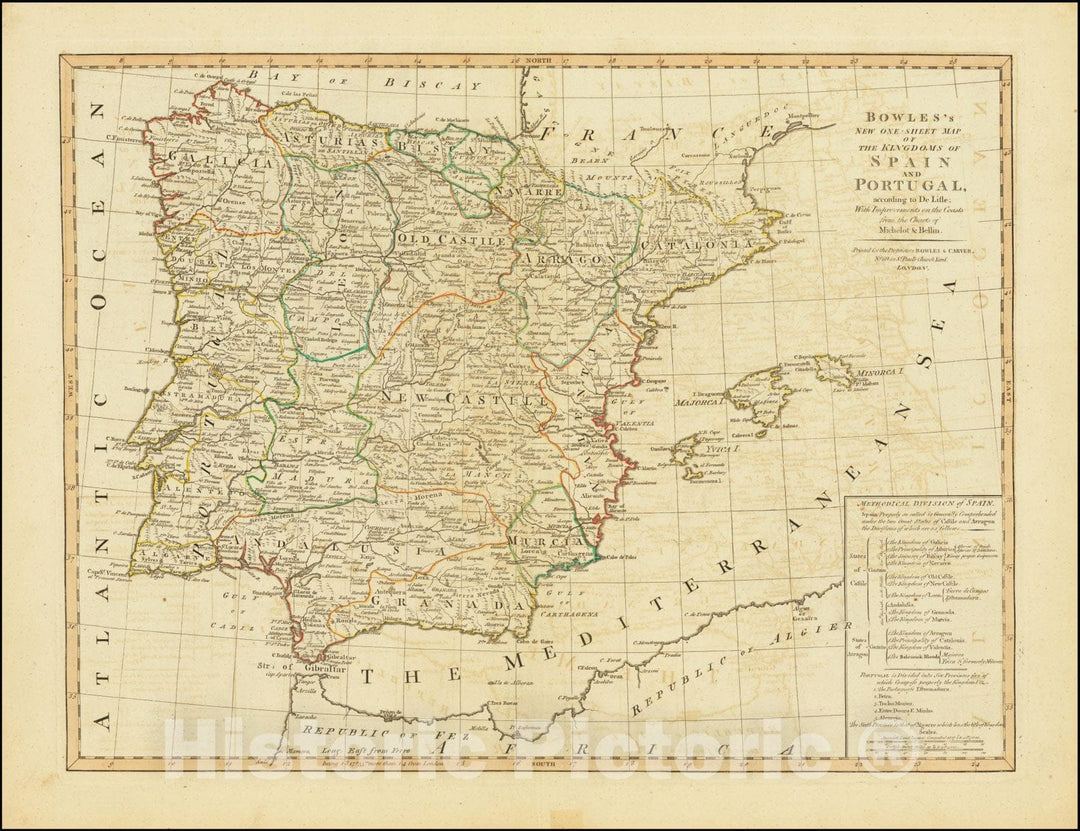 Historic Map : Bowles's New One-Sheet Kingdoms of Spain and Portugal, according to De Lisle; With Improvements on the Coasts from the Charts of Michelot & Bellin., 1795, Vintage Wall Art