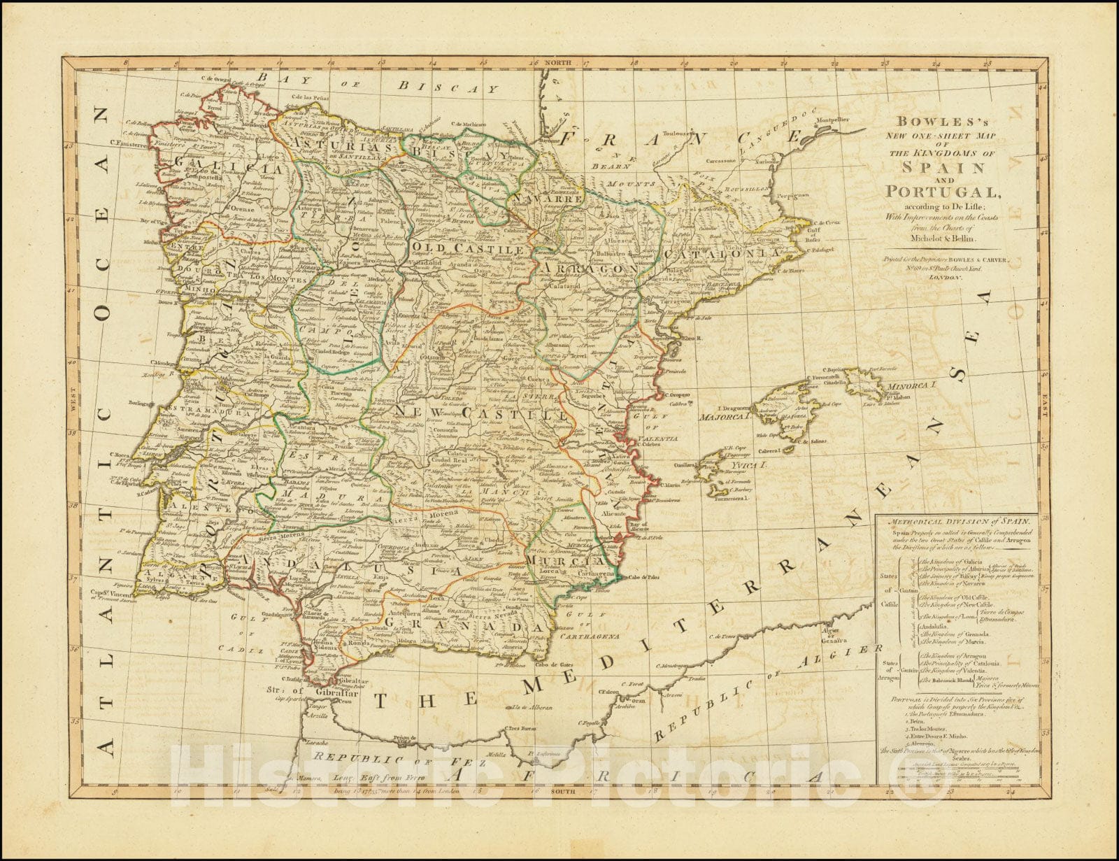 Historic Map : Bowles's New One-Sheet Kingdoms of Spain and Portugal, according to De Lisle; With Improvements on the Coasts from the Charts of Michelot & Bellin., 1795, Vintage Wall Art