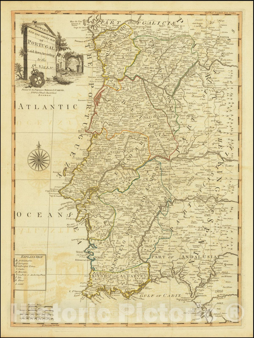 Historic Map : Bowles's New One-Sheet Portugal Laid down According to Sr. Nolin, 1795, Vintage Wall Art