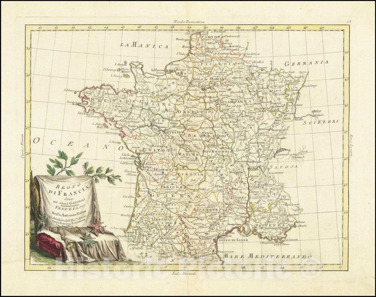 Historic Map : Regno di Francia diviso ne suo Governi, 1776, 1776, Vintage Wall Art
