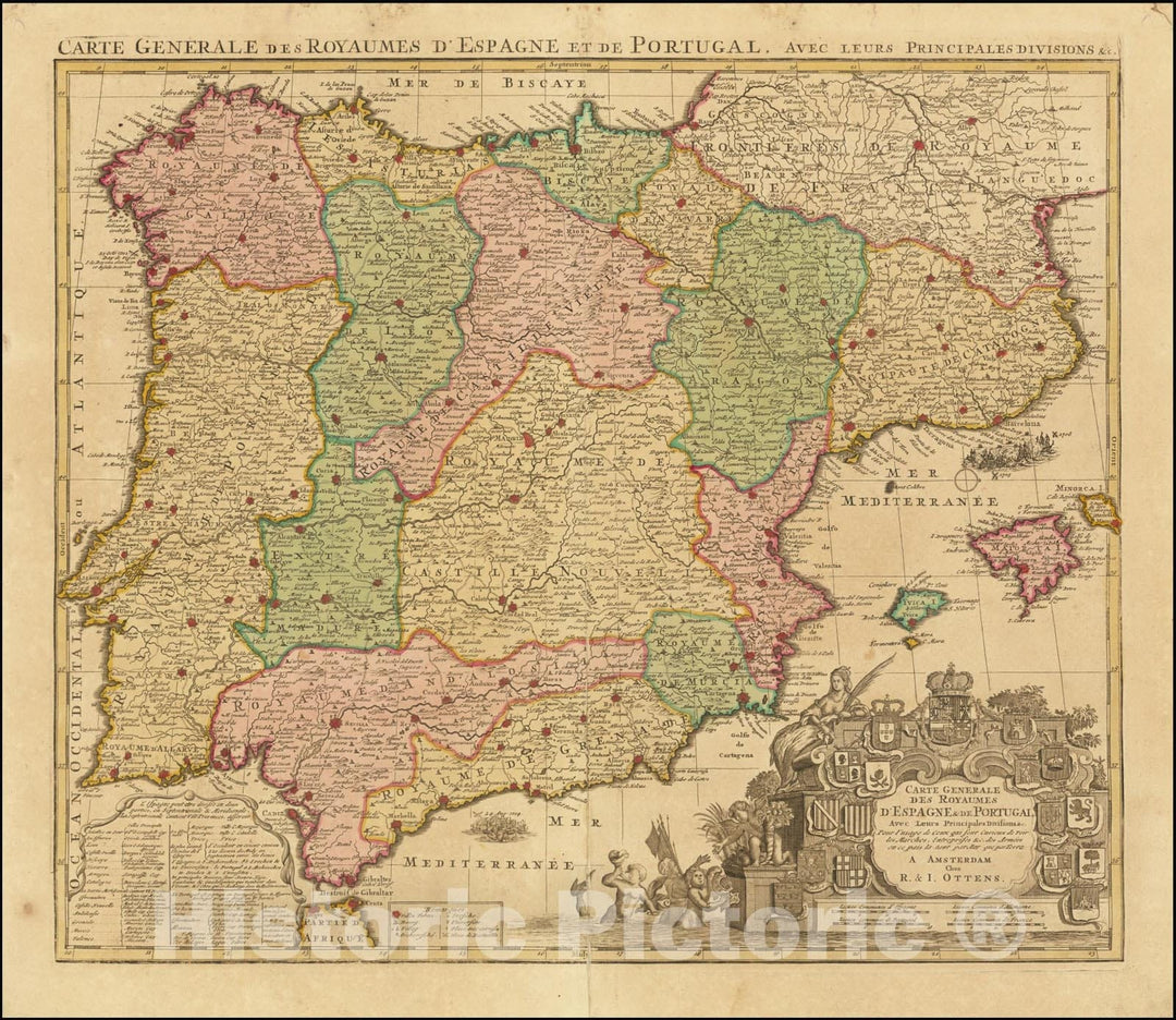 Historic Map : Carte Generale des Royaumes D'Espagne & de Portugal Avec Leurs Principales Divisions,, shows Balearic Islands, 1720, Vintage Wall Art