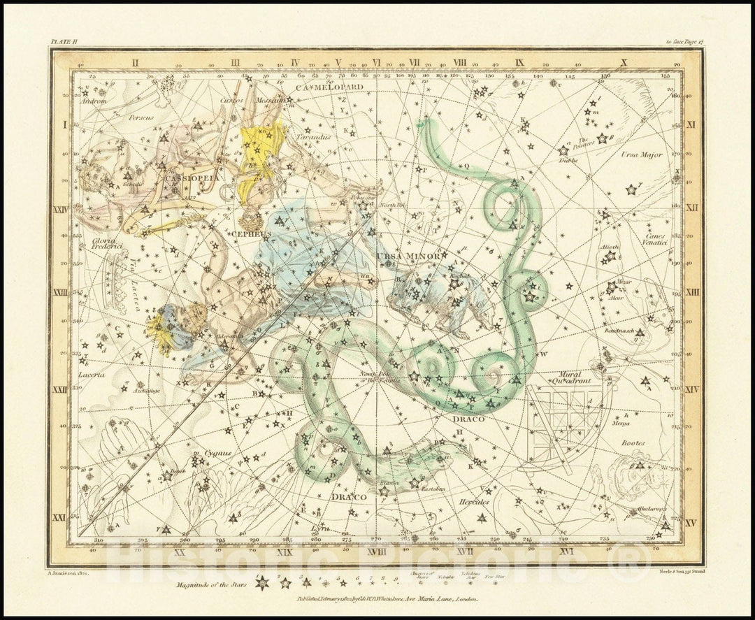 Historic Map : Ursa Minor - Little Bear also showing Cassiopeia, Draco & Cepheus, 1822 v2, Vintage Wall Art