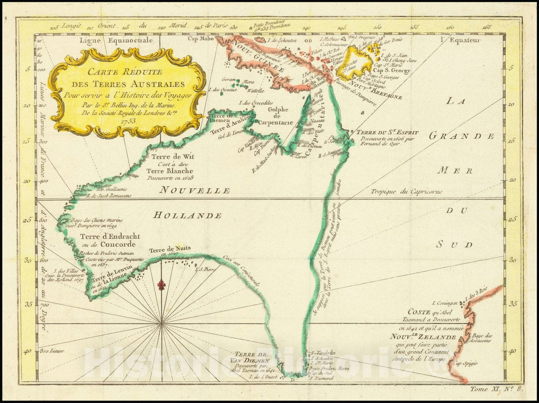Historic Map : Carte Reduite Des Terres Australes, 1753, 1753, Vintage Wall Art