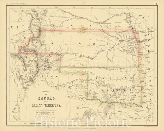 Historic Map : Territory of Kansas and Indian Territory , 1857, Vintage Wall Art