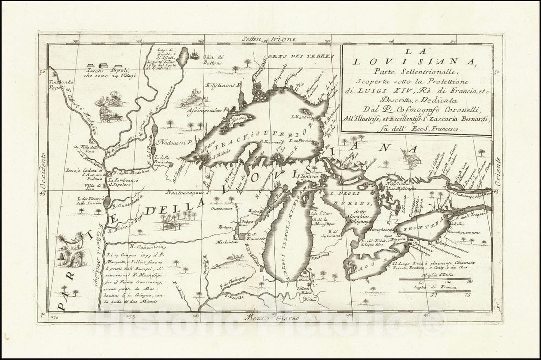 Historic Map : La Louisiana, Parte Settentrionalle, Scoperta sotto Protettione di Luigi XIV, Re di Francia,  1691 v3, Vintage Wall Art