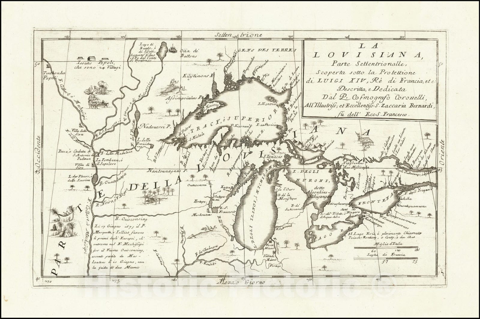 Historic Map : La Louisiana, Parte Settentrionalle, Scoperta sotto Protettione di Luigi XIV, Re di Francia,  1691 v3, Vintage Wall Art