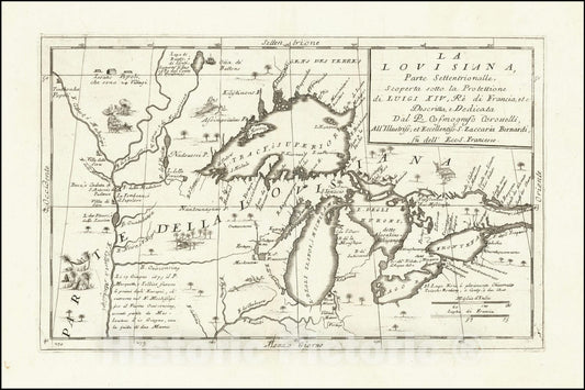 Historic Map : La Louisiana, Parte Settentrionalle, Scoperta sotto Protettione di Luigi XIV, Re di Francia,  1691 v3, Vintage Wall Art