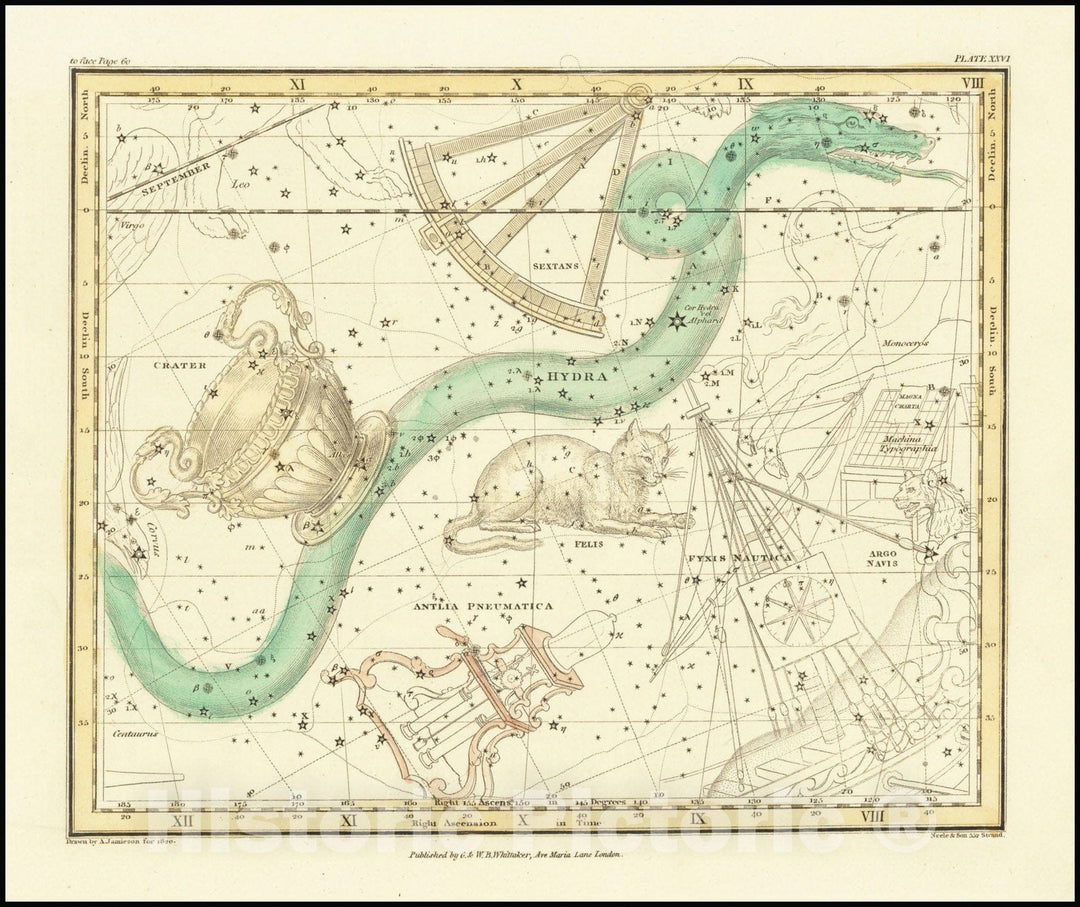 Historic Map : Hydra Sextans Felis and Crater, 1822, Vintage Wall Art