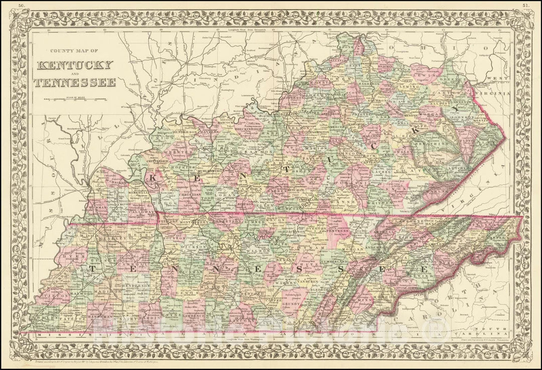 Historic Map : County Kentucky and Tennessee, 1887, Vintage Wall Art