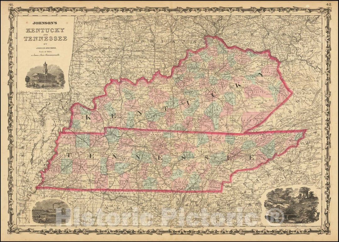 Historic Map : Johnson's Kentucky and Tennessee, 1862, Vintage Wall Art
