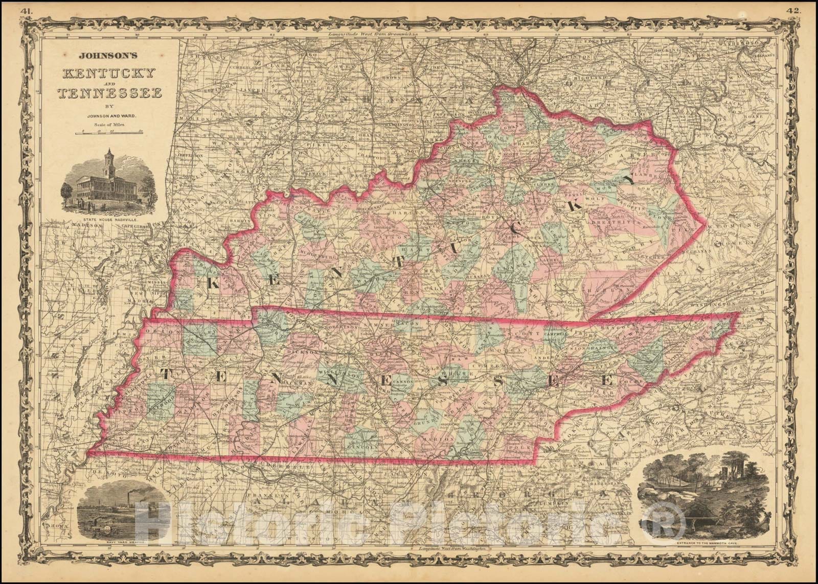Historic Map : Johnson's Kentucky and Tennessee, 1862, Vintage Wall Art