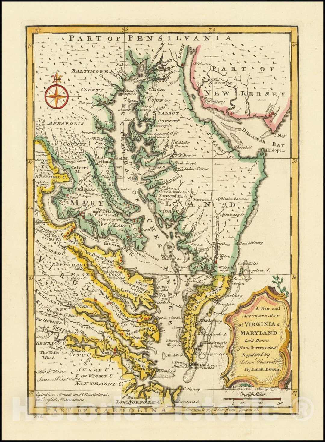 Historic Map : A New and Accurate Virginia & Maryland Laid Down from Surveys and Regulated by Astron'l Observatns.,  1747 v2, Vintage Wall Art