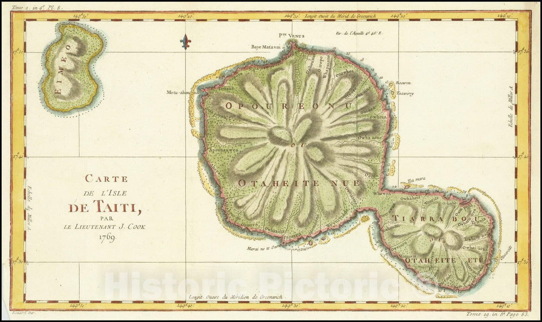 Historic Map : Carte De L'Isle De Taiti, par Le Lieutenant J. Cook1769, 1780, Vintage Wall Art