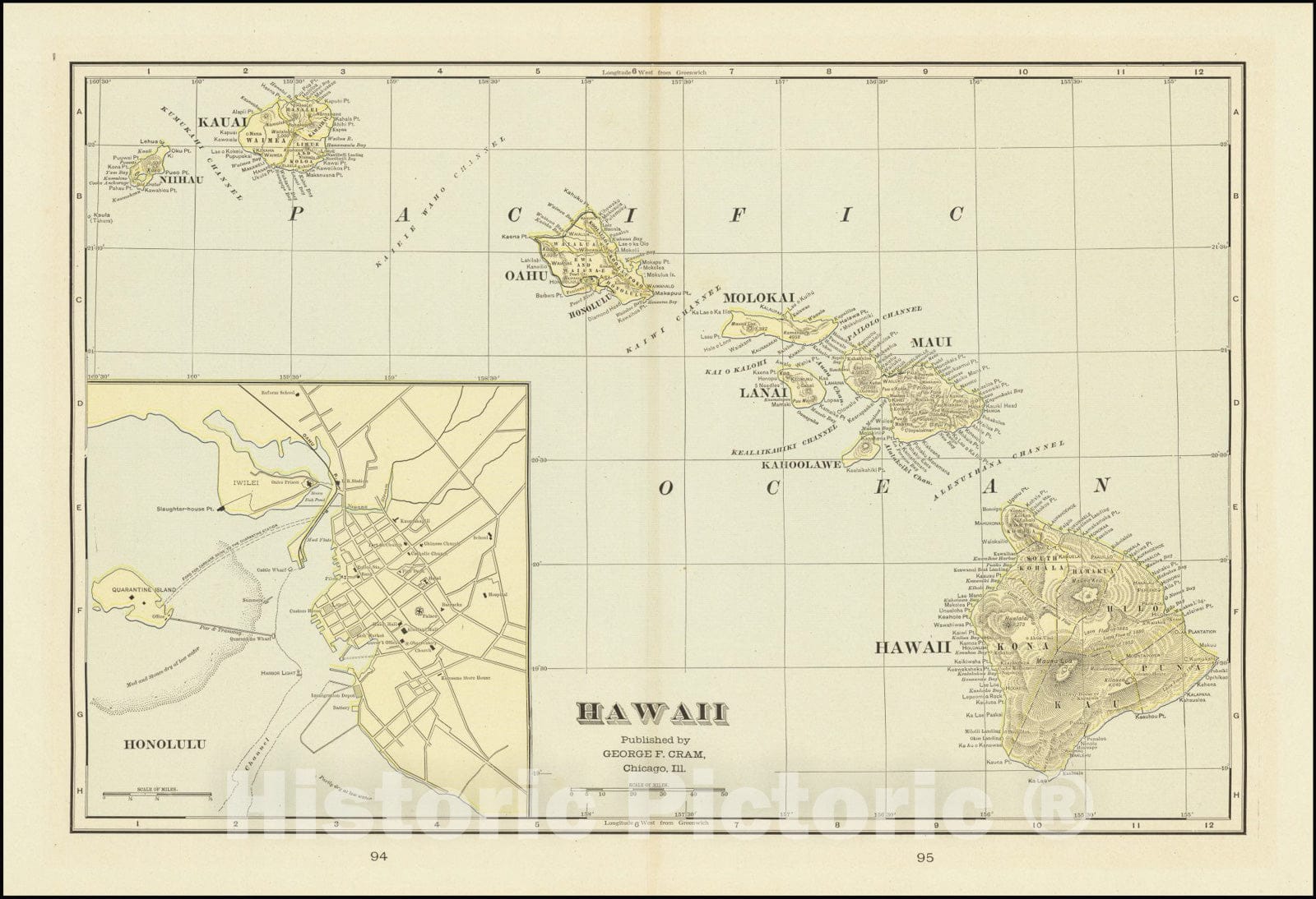 Historic Map : Hawaiian Islands , Sandwich Islands, 1895, Vintage Wall Art