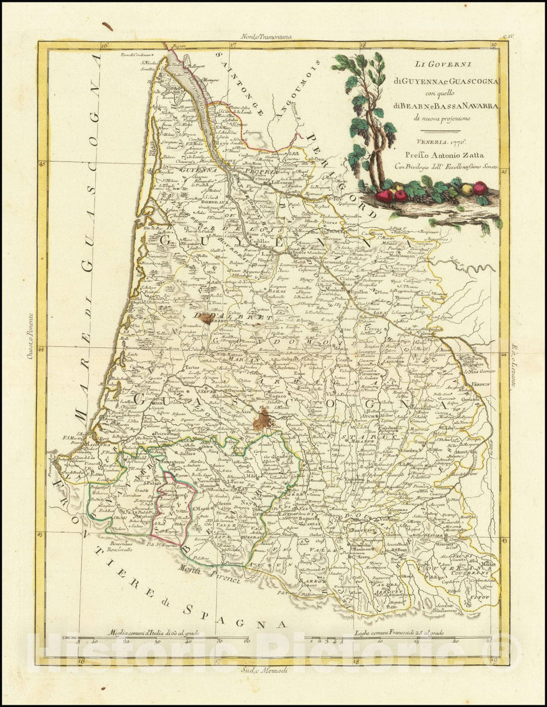 Historic Map : Li Governi i Guyenna, e Guascogna con quello di Bearn, e Bassa Navarra di nuova projezione, 1776, 1776 v1, Vintage Wall Art