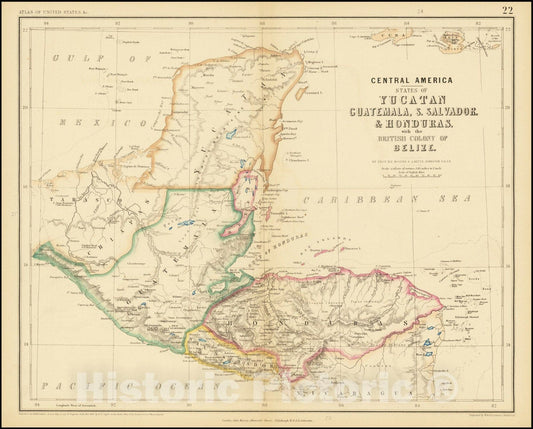 Historic Map : Central America -- States of Yucatan Guatemala, S. Salvador & Honduras, with the British Colony of Belize., 1857, Vintage Wall Art