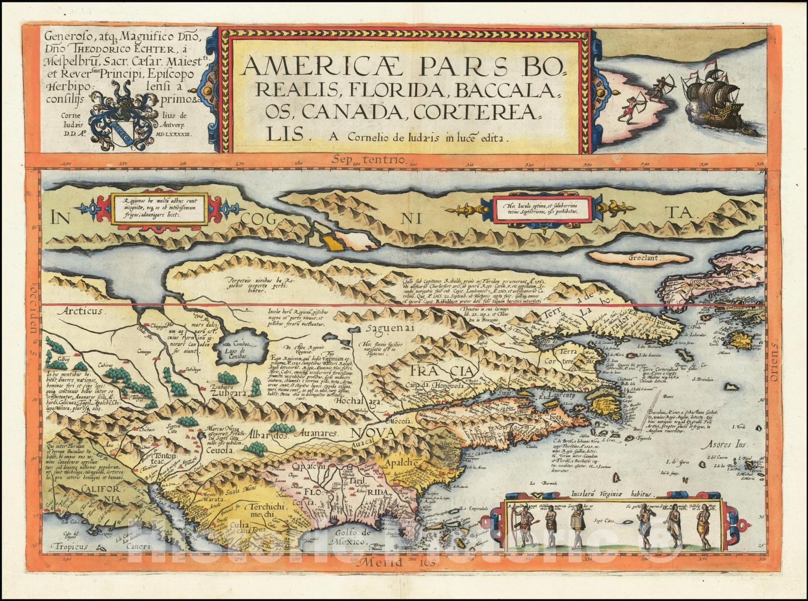 Historic Map : Americae Pars Borealis, Florida, Baccalaos, Canada, Corterealis,  1593, Vintage Wall Art