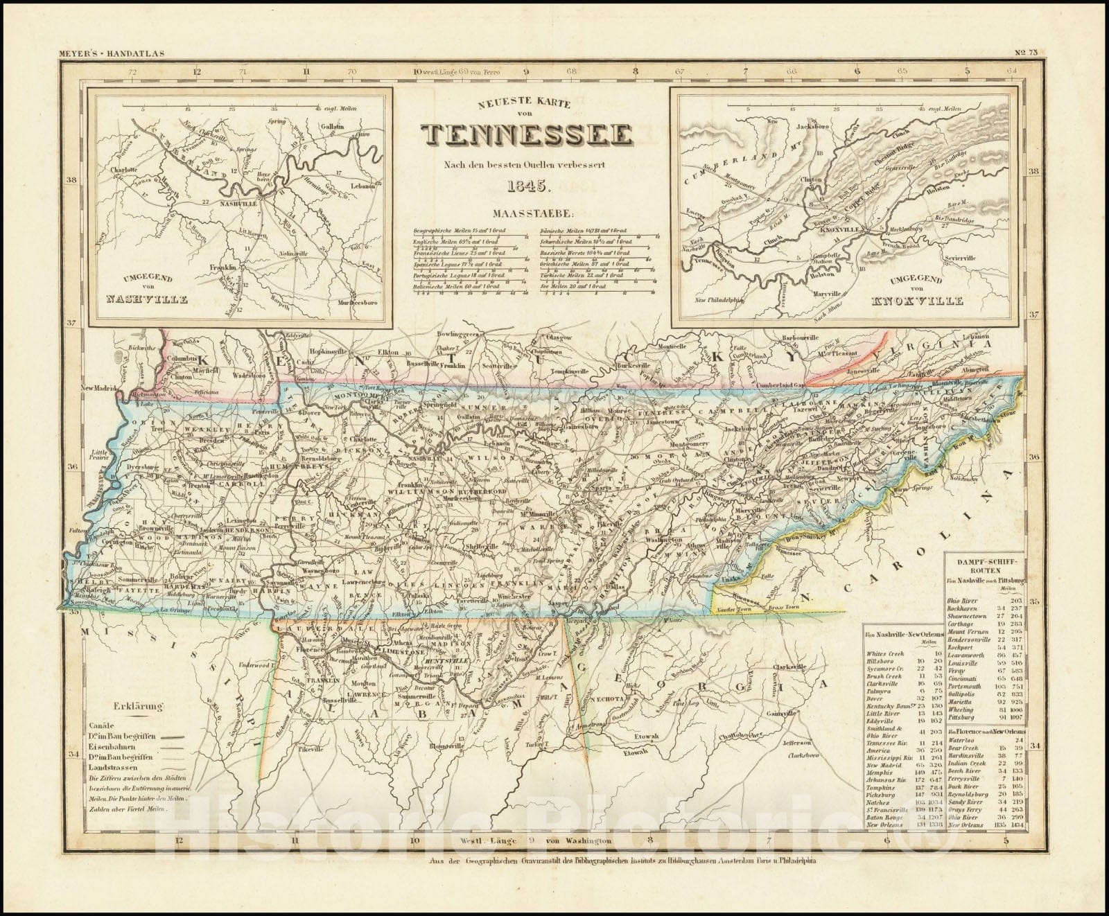 Historic Map : Neueste Karte von Tennessee, 1845, 1845, Vintage Wall Art