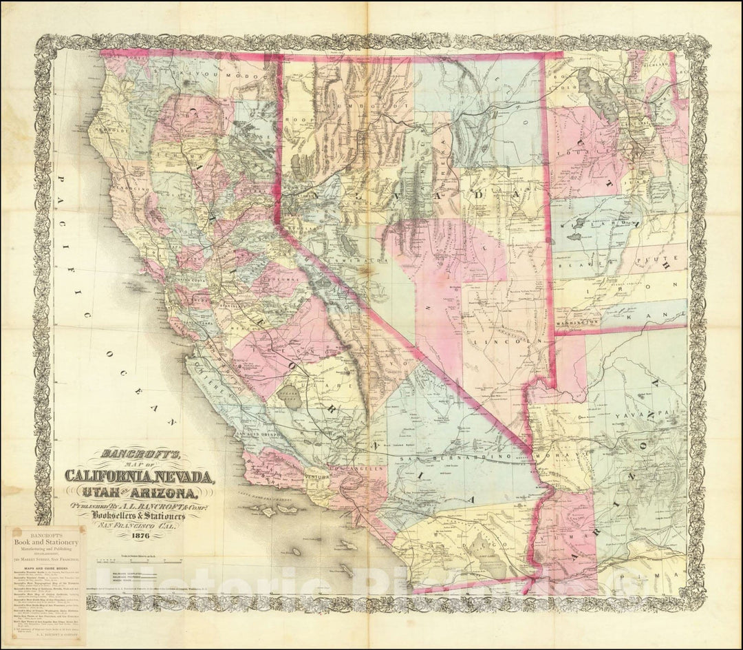 Historic Map : Bancroft's California, Nevada, Utah & Arizona, 1876, 1876, Vintage Wall Art