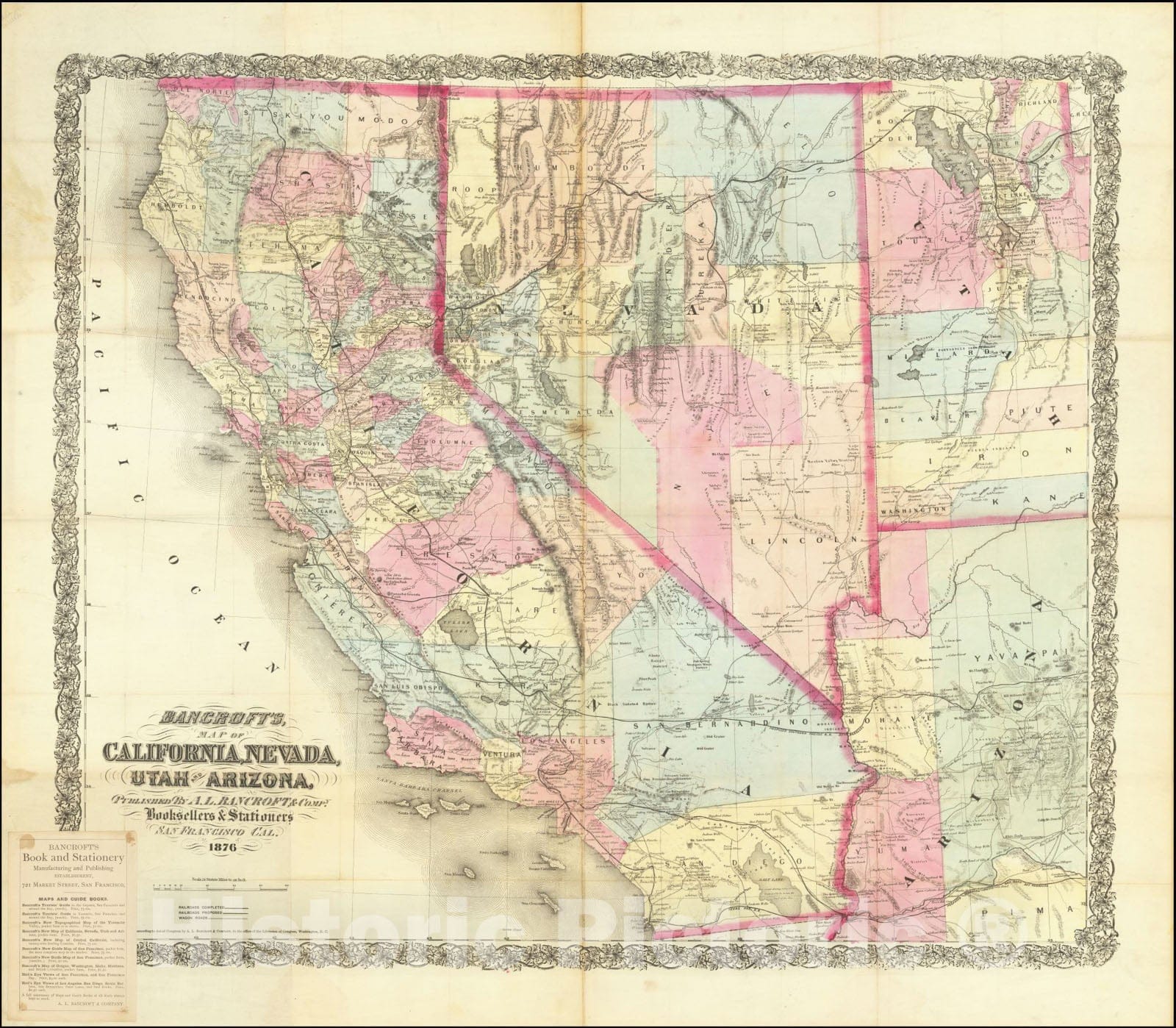 Historic Map : Bancroft's California, Nevada, Utah & Arizona, 1876, 1876, Vintage Wall Art
