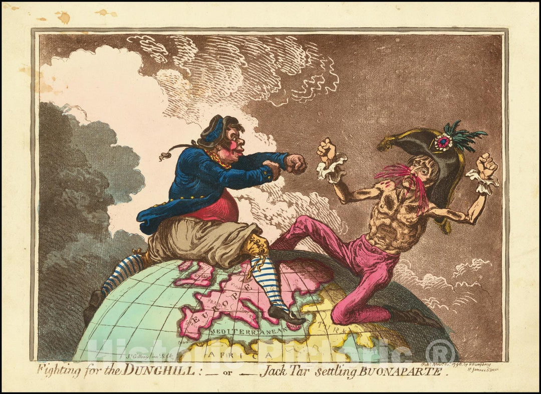 Historic Map : Fighting for the Dunghill: __or__ Jack Tar settl'ing Buonaparte, 1798, Vintage Wall Art