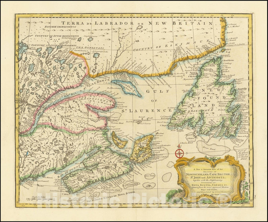 Historic Map : A New & Accurate Islands of Newfoundland, Cape Briton, St. John and Anticosta; together with the Neighbouring Countries of Nova Scotia, Canada &c.,  1744, Vintage Wall Art