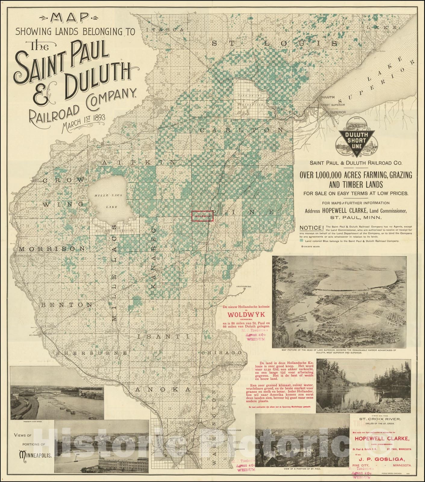 Historic Map : The Lands Belonging To The Saint Paul & Duluth Railroad Company.March 1st 1893, 1893, Vintage Wall Art