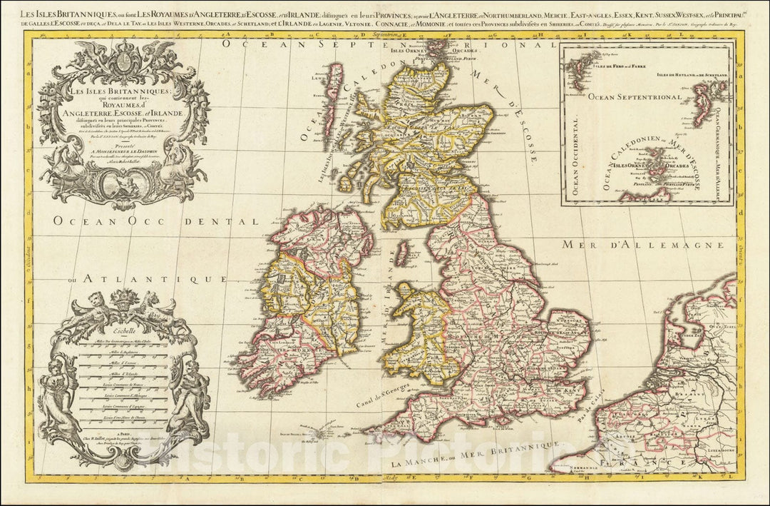 Historic Map : Les Isles Britanniques qui contiennent les Royaumes, d'Angleterre, Escosse, et Irlande., 1692 (1700 ca), Vintage Wall Art