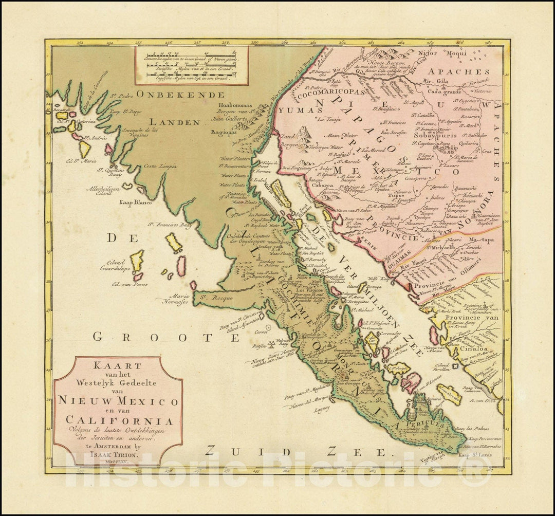 Historic Map : Kaart van het Westelyk Gedeelte van Nieuw Mexico en van California, MDCCLXV, 1765, Vintage Wall Art