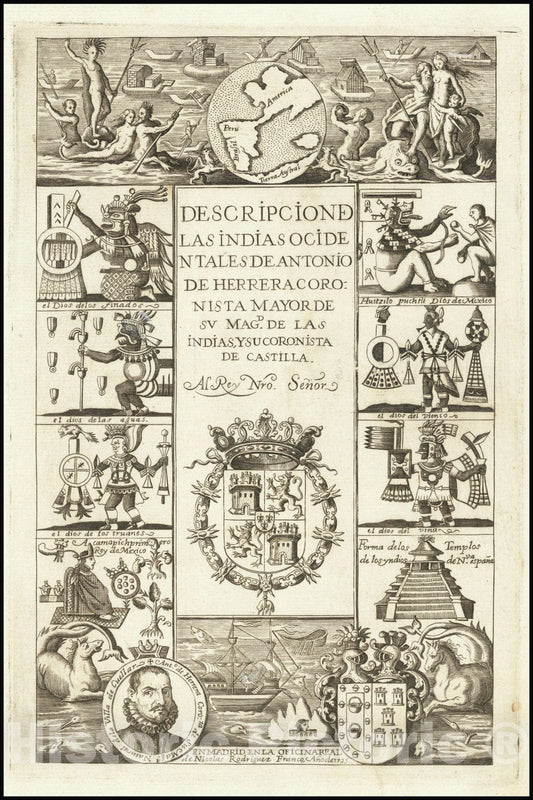 Historic Map : Title Page,Descripcion De Las Indias Ocidentales De Antonio De Herrera Coronisgta Major De Su Magd. de las Indias, y su Coronista de Castilla, 1725, Vintage Wall Art