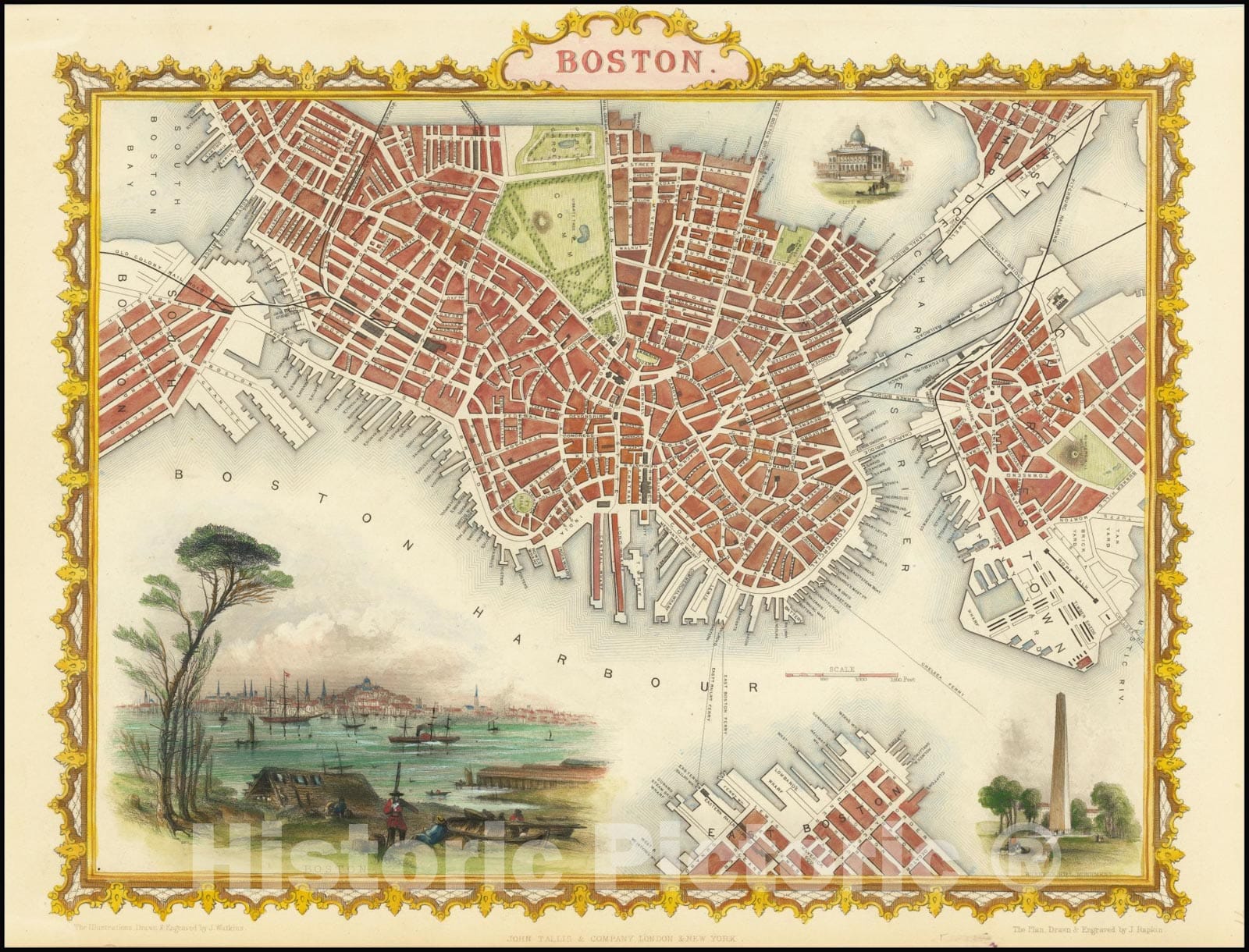 Historic Map : Boston, 1851, Vintage Wall Art