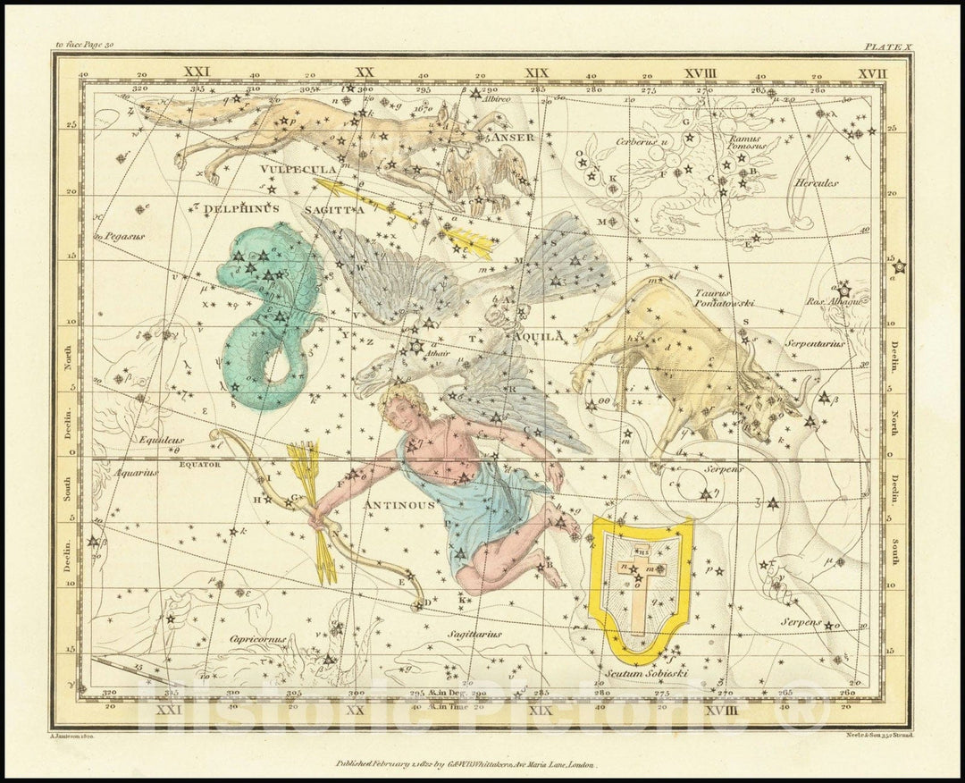 Historic Map : Aquila, Antinous, Scutum, Taurus, Sagittarius, Vulpecula, Anser - Delphinus, 1822 v1, Vintage Wall Art