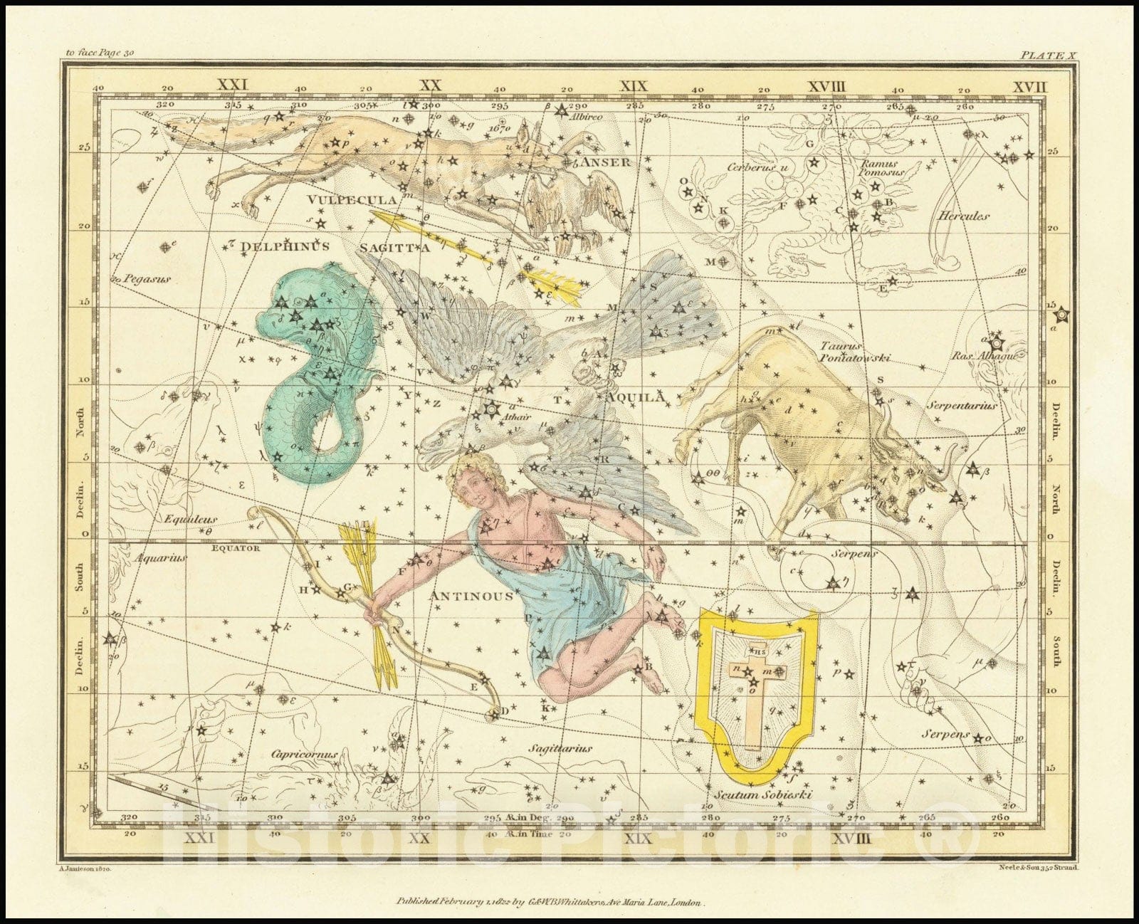 Historic Map : Aquila, Antinous, Scutum, Taurus, Sagittarius, Vulpecula, Anser - Delphinus, 1822 v1, Vintage Wall Art