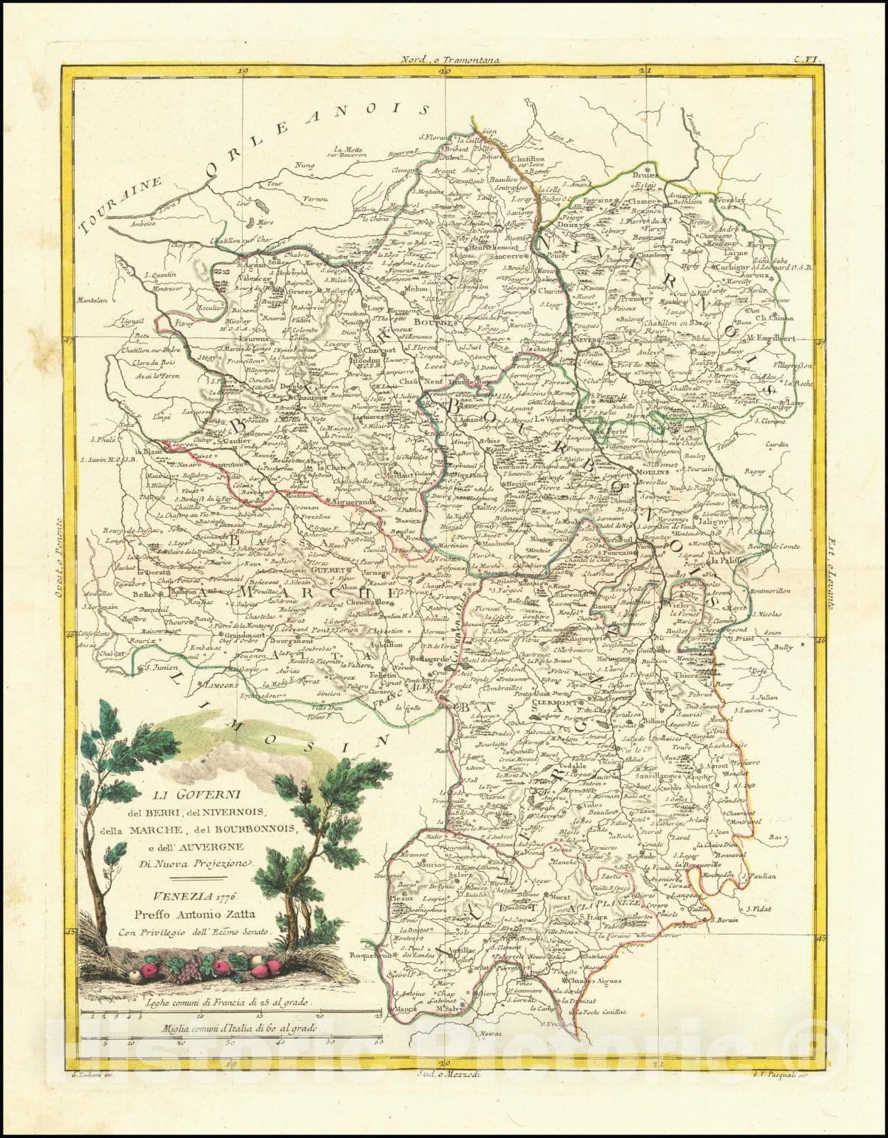 Historic Map : Li Governi del Berri, del Nivernois, della Marche, del Bourbonnoise, e dell' Auvergne Di Nuova Projezione, 1776, 1776, Vintage Wall Art