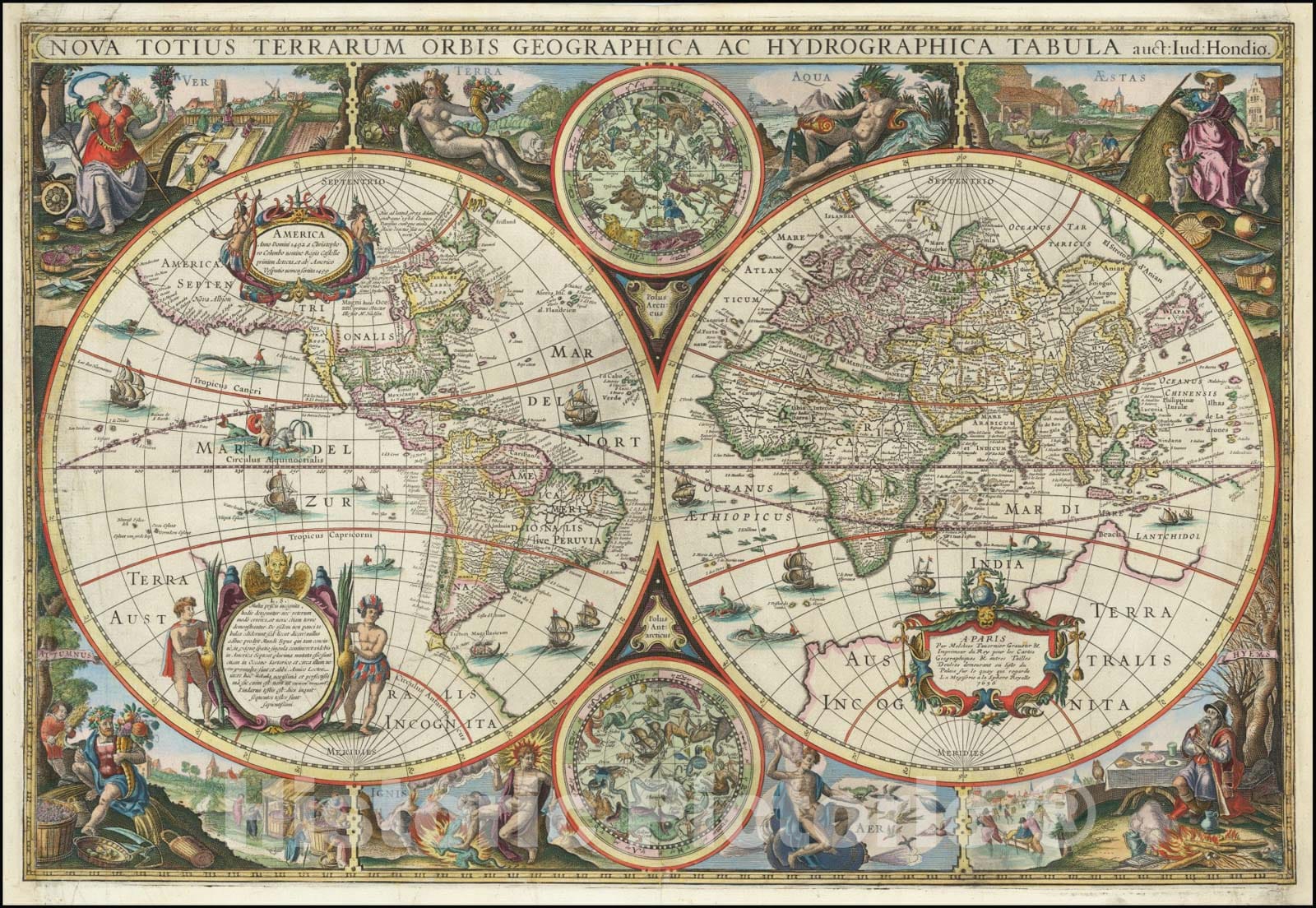 Historic Map : Nova Totius Terrarum Orbis Geographica Ac Hydrographica Tabula auc.t Iud Hondio, 1636, 1636, Vintage Wall Art