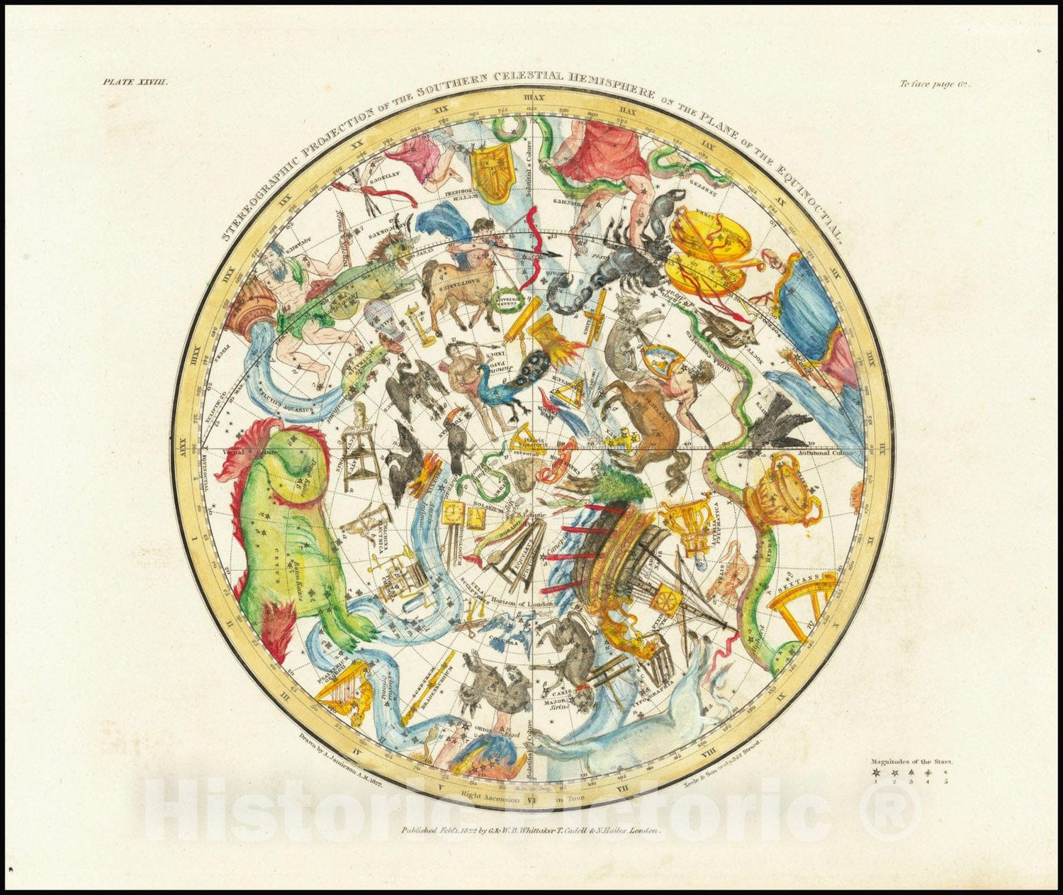 Historic Map : Stereographic Projection of the Southern Celestial Hemisphere, 1822, Vintage Wall Art