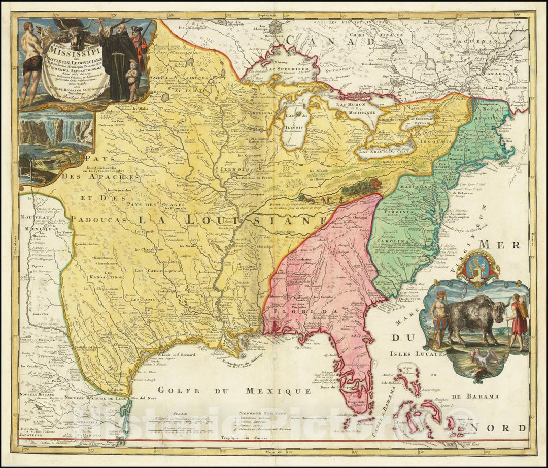 Historic Map : Amplissimae Regionis Mississipi Seu Provinciae Ludovicianae A R.P. Ludovico Hennepin Francisc Miss In America Septentrionali Anno 1687 ,  1720 v2, Vintage Wall Art