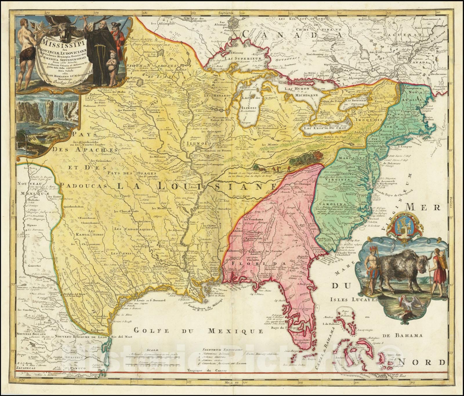 Historic Map : Amplissimae Regionis Mississipi Seu Provinciae Ludovicianae A R.P. Ludovico Hennepin Francisc Miss In America Septentrionali Anno 1687 ,  1720 v2, Vintage Wall Art