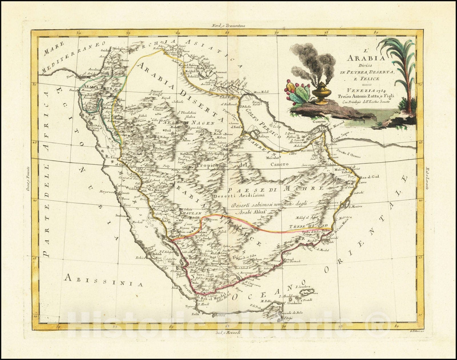 Historic Map : L'Arabia Divisa In Petrea, Deserta E Felice, 1784, 1784, Vintage Wall Art