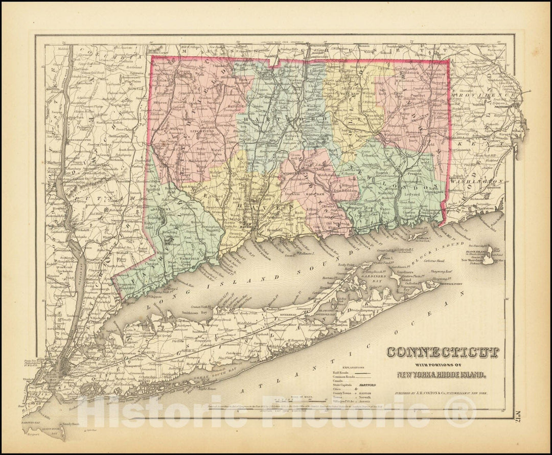 Historic Map : Colton's Connecticut with Portions of New York & Rhode Island, 1857, Vintage Wall Art
