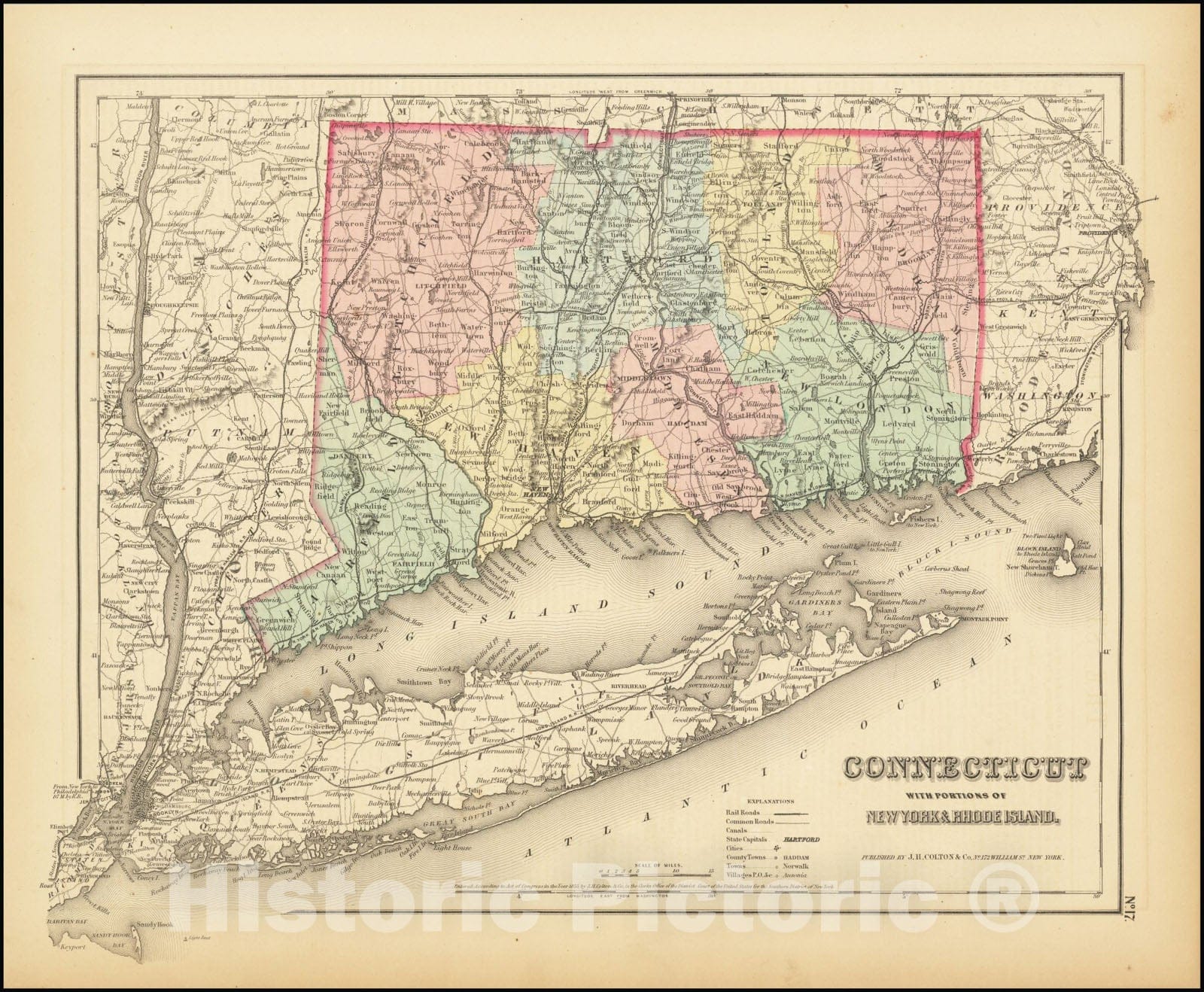 Historic Map : Colton's Connecticut with Portions of New York & Rhode Island, 1857, Vintage Wall Art